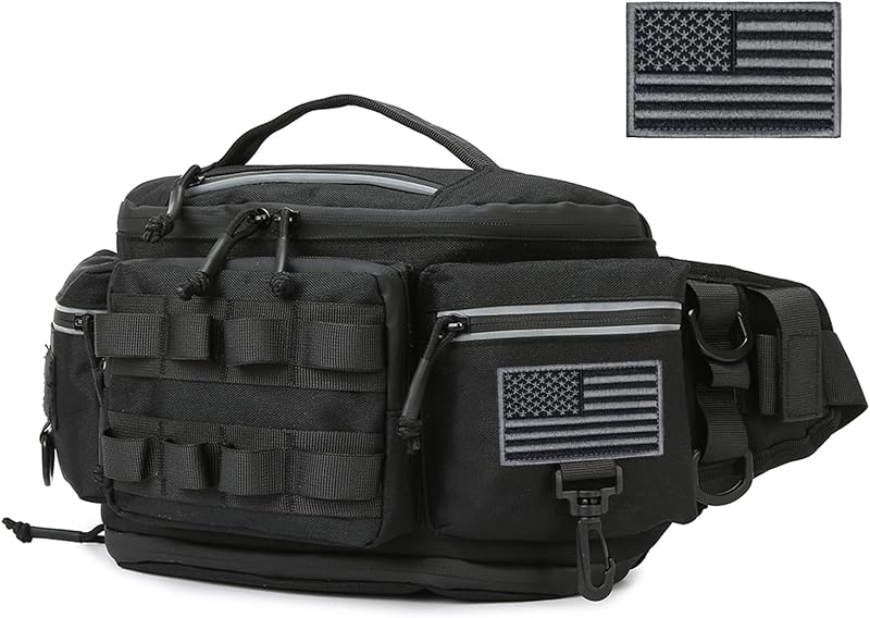 Tactical Fanny Pack for Men Women Military Waist Bag EDC Pouch Hip Belt Bags Fishing Hiking Camping with Patch (Black)