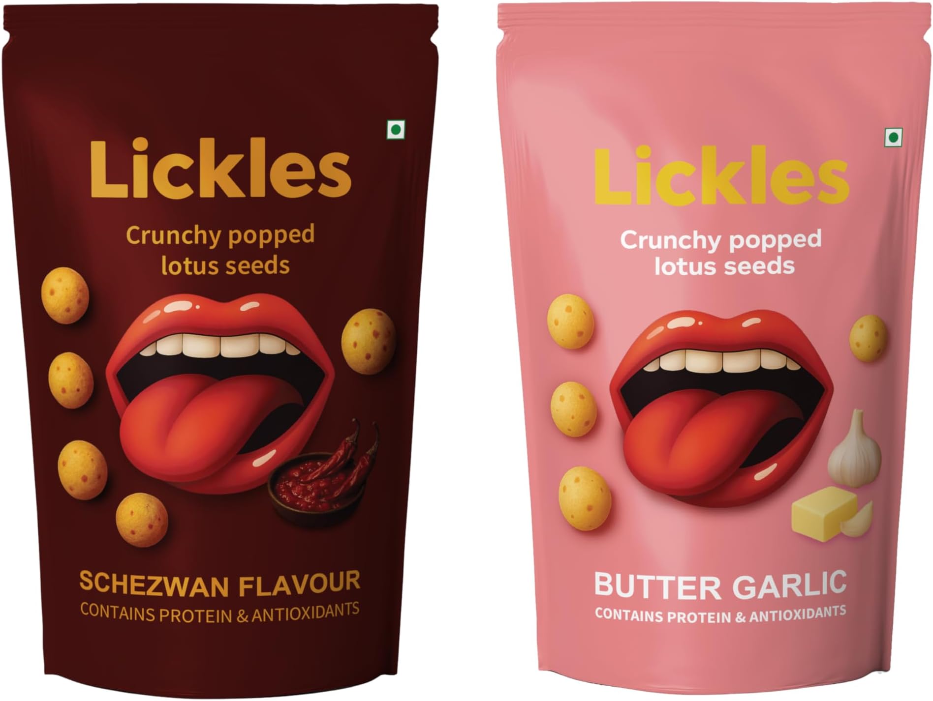 LICKLES Schezwan & Butter Garlic Makhana Combo | Spicy Asian Heat & Savory Garlic Flavor | Crispy Roasted Lotus Seed Snack | Gluten-Free