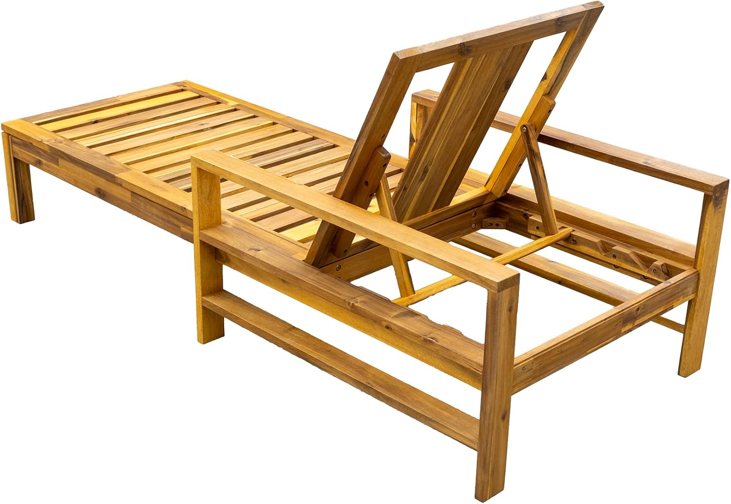 Acacia Wood Adjustable Backrest Outdoor Lounge Chair with High-Density Foam Cushions – Weather-Resistant, 3-Position Recliner for Garden, Patio, & Poolside Relaxation (Natural+ Blue)