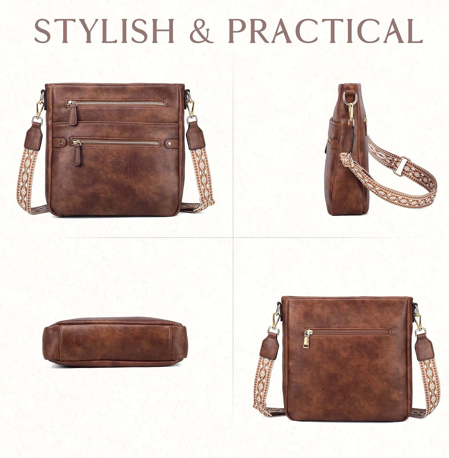 VASCHY Crossbody Bag Purse for Women, Fashion Vegan Leather Medium Multi-pocket Cross Body Messenger Bag Handbag Guitar Strap - Image 6