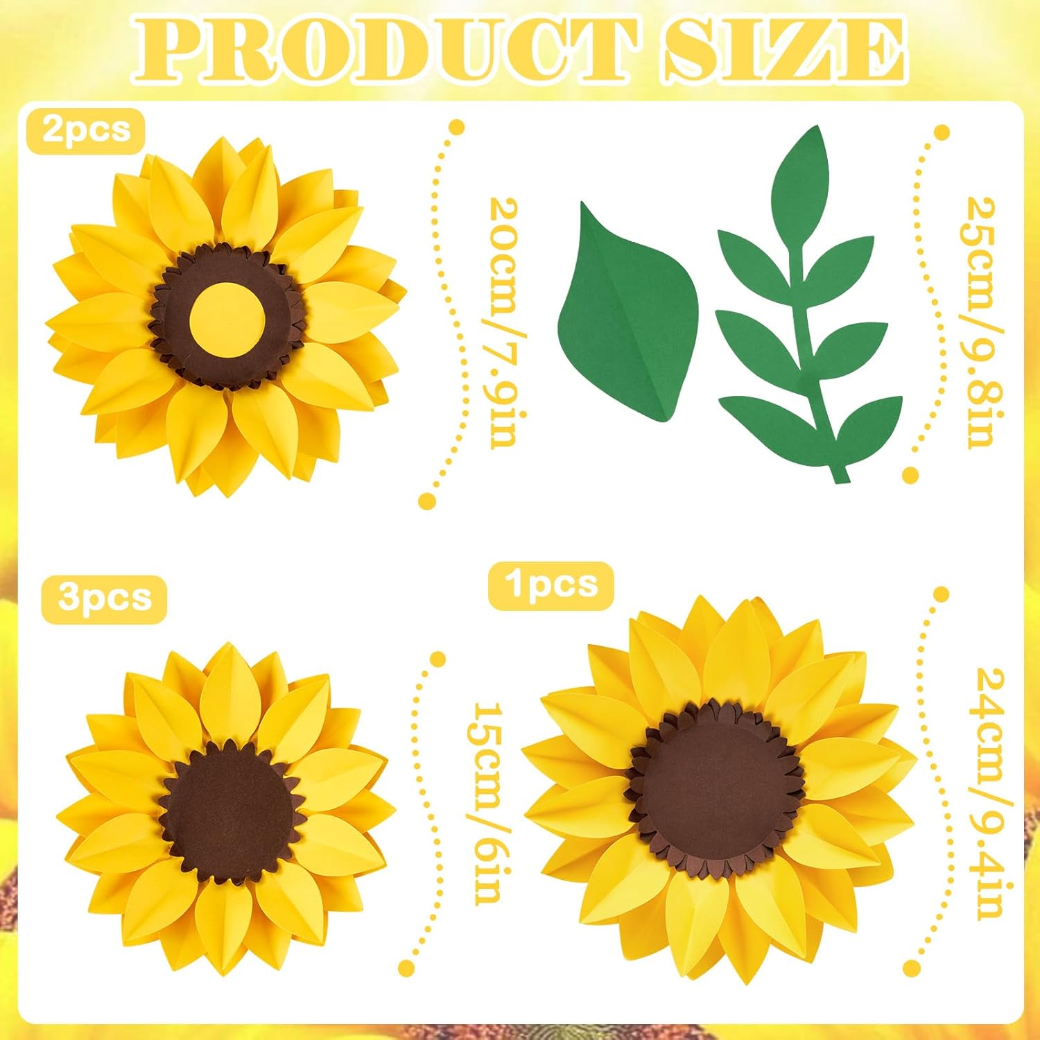 15pcs Sunflower Wall Decor, Paper Flower for Wall with 3D Artificial Flowers Yellow Bulletin Board Decoration Large Paper Flower for Background for Living Room Office Garden Wedding.