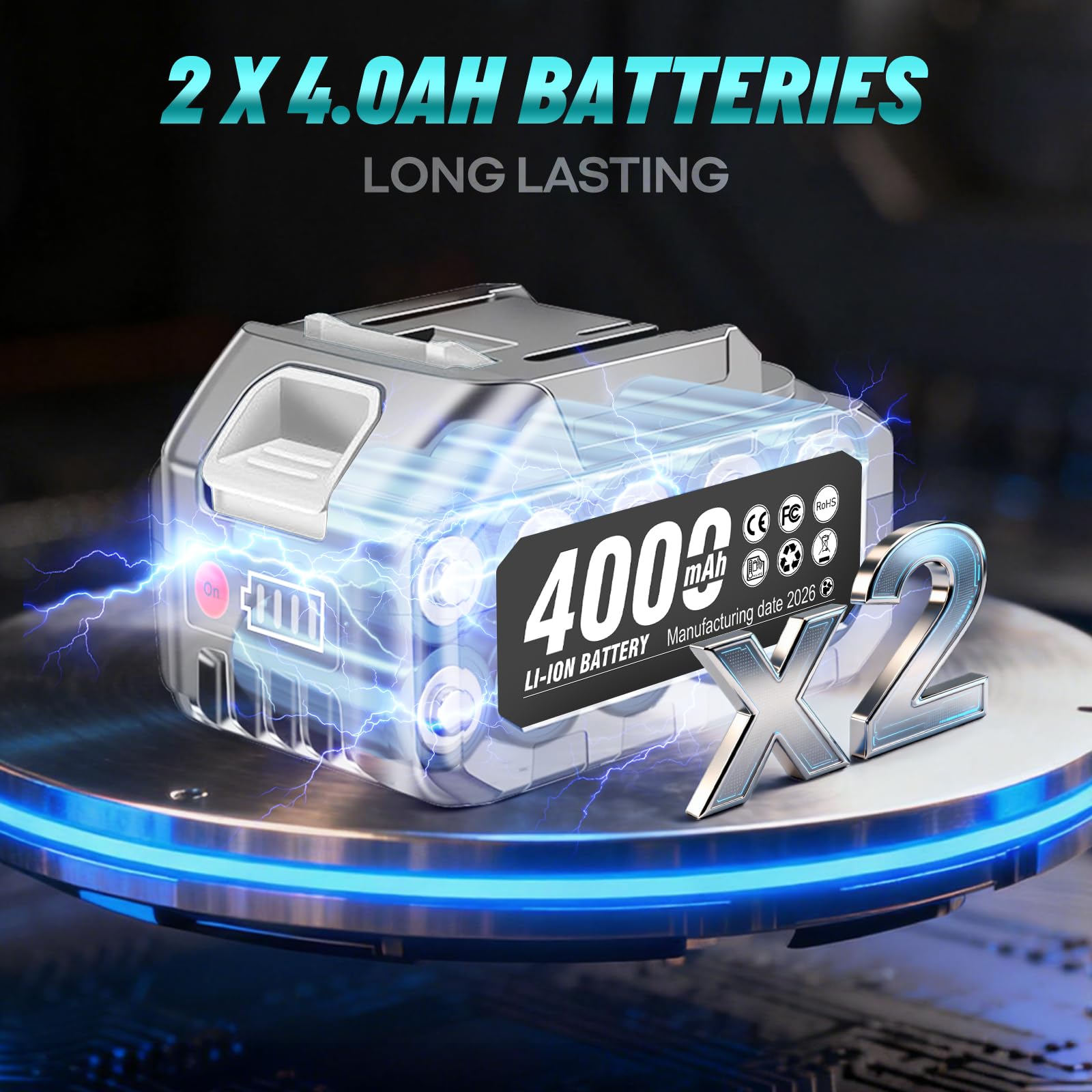 Lot de 2 batteries de rechange 4,0 Ah et chargeur rapide 21 V batterie au lithium rechargeable pour outils électriques sans fil