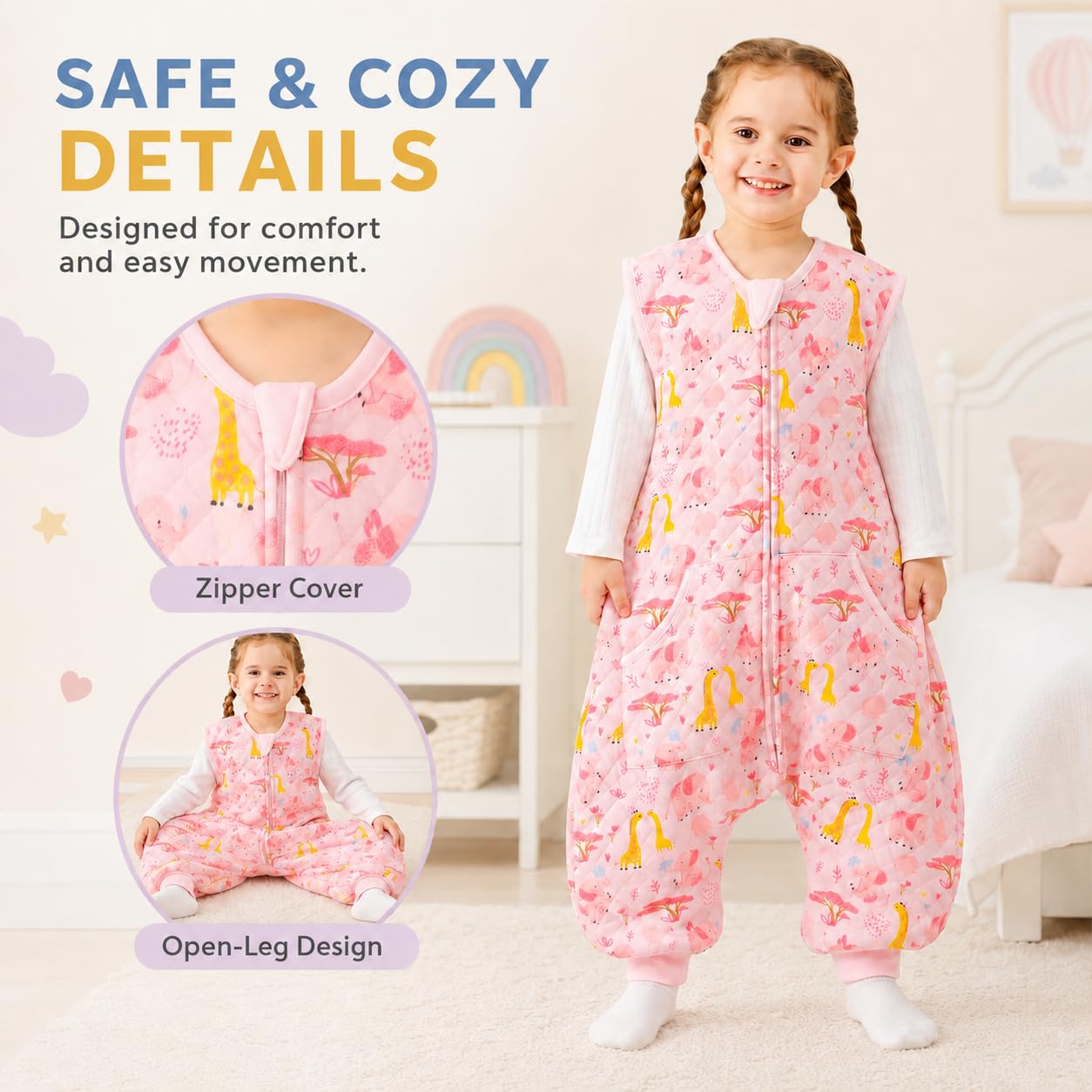 HOMEAL Toddler Sleep Sack, Sleeveless Sleep Sack with Legs 2T-3T, 1.0 TOG Wearable Blanket Baby, Pink