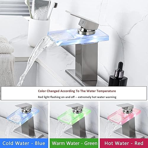 Miniatura 5 de Grifo de lavabo de baño LED, cascada cromada de un solo mango para fregaderos, 1 agujero con drenaje desplegable de metal y 2 líneas de suministro
