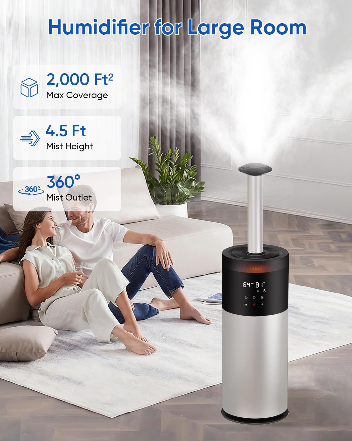 Humidifier Large Room, 16L/4.2Gal Whole House Humidifiers for Home 2000 sq.ft, Ultrasonic Cool Mist Humidifier for Bedroom, Plants, Baby
