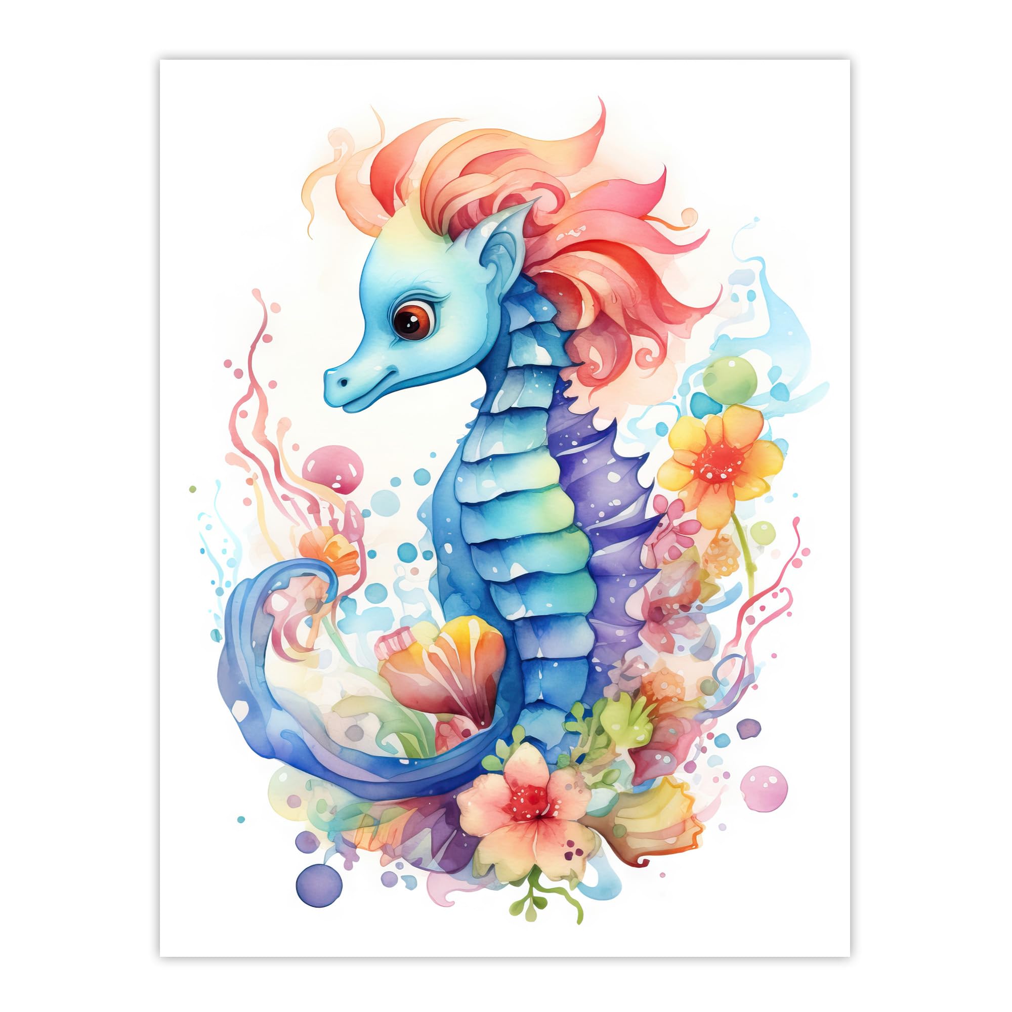 Artery8 Cute Seahorse Watercolour Artwork Fun Kids Bedroom Nursery Extra Large XL Wall Art Poster Print