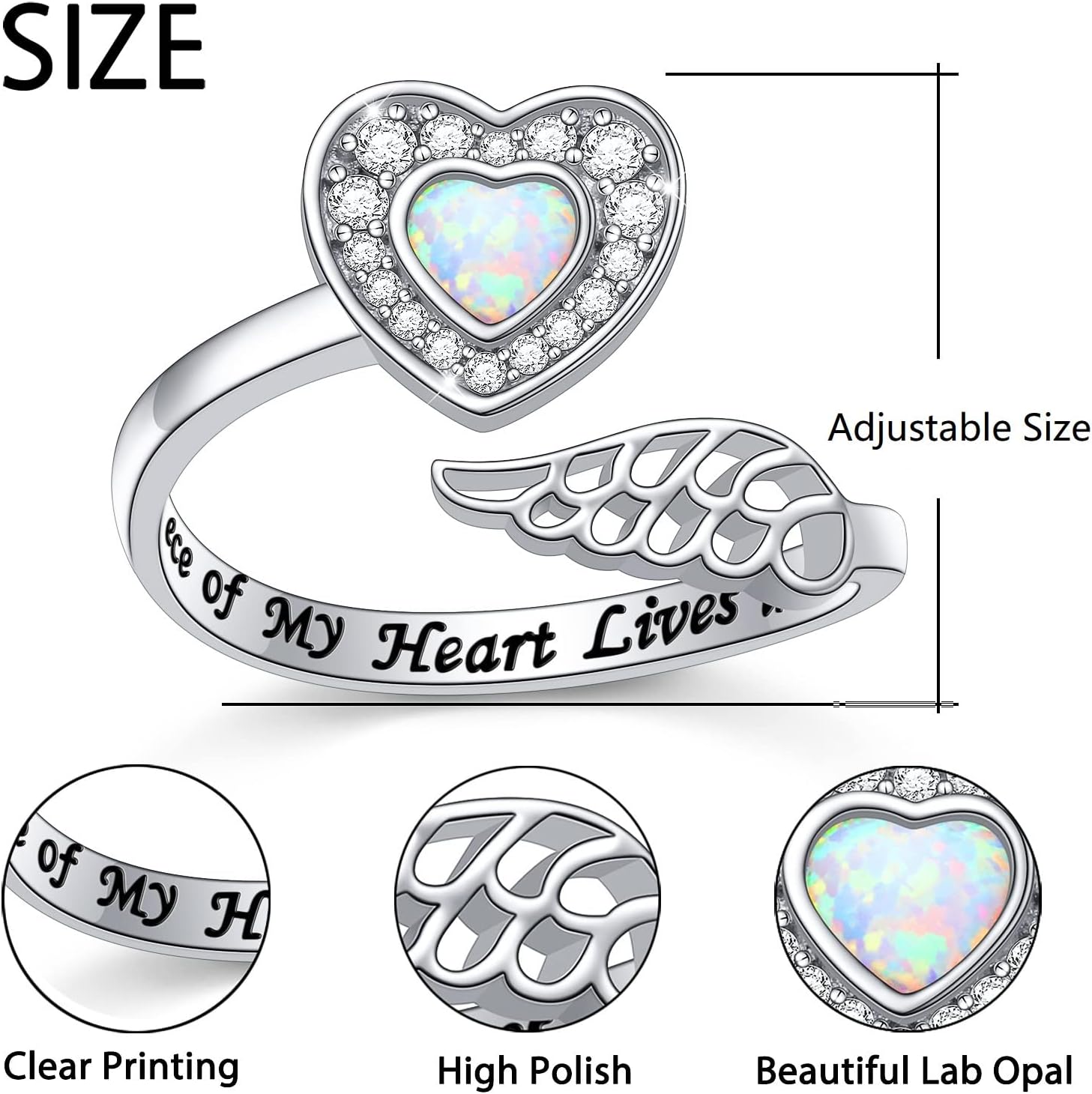 925 Sterling Silver Angel Wing Ring for Women Girls Memorial Jewelry Love Engraved Message Wrap Open Ring Lap Opal Heart Rings Adjustable Size - Image 6