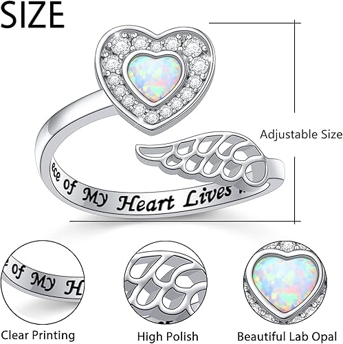 Miniatura 6 de 925 Sterling Silver Angel Wing Ring for Women Girls Memorial Jewelry Love Engraved Message Wrap Open Ring Lap Opal Heart Rings Adjustable Size