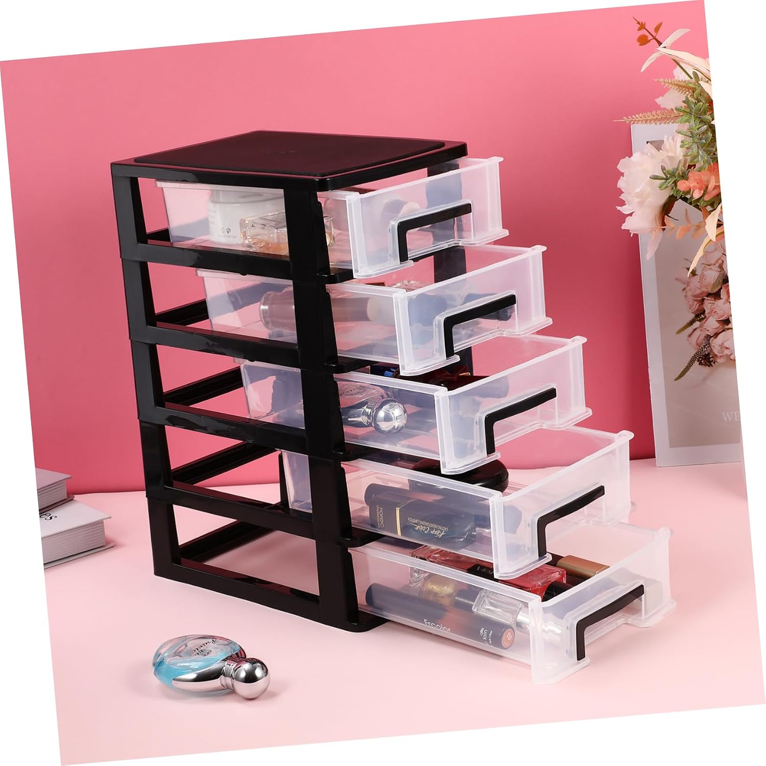 Alipis Mini Plastic Drawers Organizer, Makeup Organizer Shelf Small Storage Drawers Containers with 5 Clear Drawer Units, Black