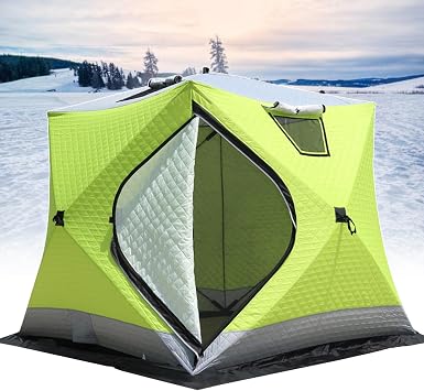 2-3 Person Pop-Up Ice Fishing Shelter with Stove Jack | Portable Windproof Insulated Tent, for Winter Fishing & Sauna Use, with Anchors, Carry Bag, Ice Fishing Mat