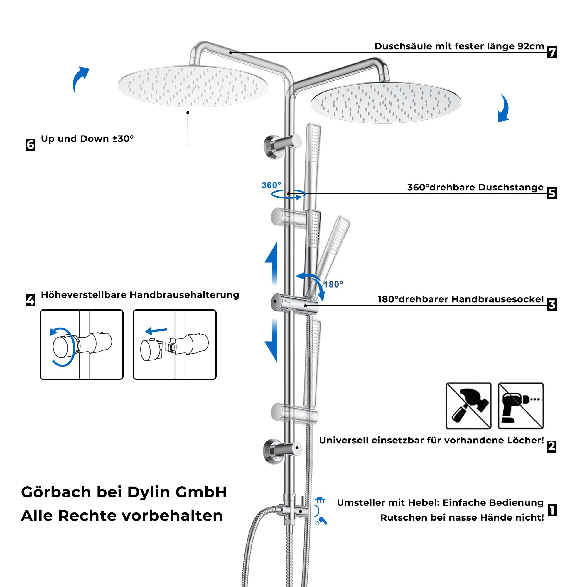 Görbach Columna de Hidromasaje Columna de Ducha Completo sin Grifo Acero Inox Barra de Altura Adjustable Set Ducha con Ducha Mano y Cabezal Ducha Rociador en INOXI D20cm
