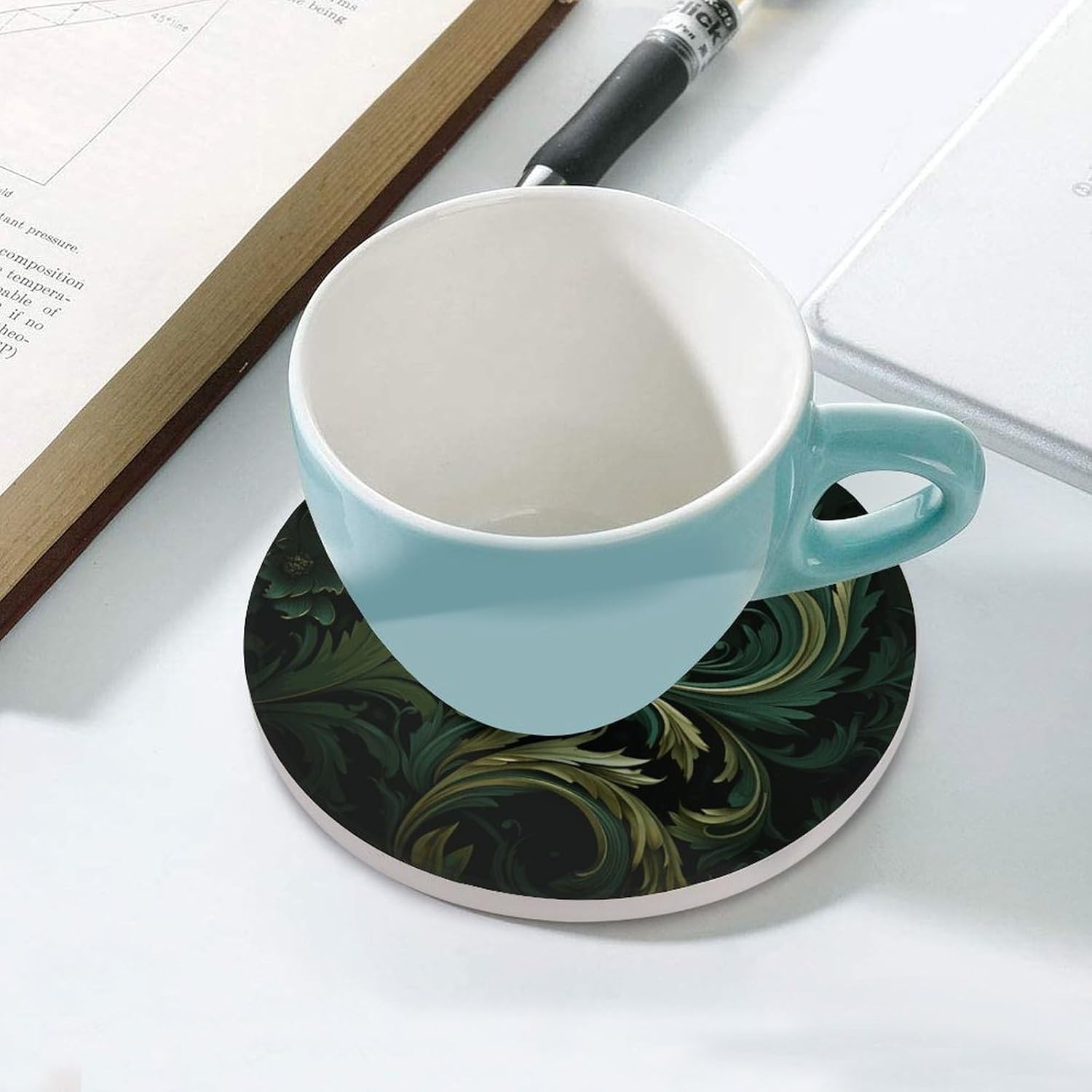 6PCS Dark Green and Green Style Coasters Non-Slip Round Drink Coasters with Ceramic Stone and Cork Base, Heat Resistant Absorbent 33.00Stone Coaster Set for Kinds of Mugs and Cups, 4 Inch