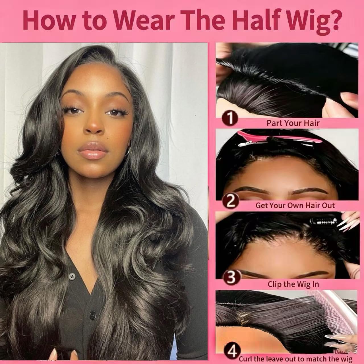 Half Wig Body Wave Human Hair 3 in 1 Glueless Wear 200% Density For Women Seamless Flip Over Drawstring Headband Wig Beginner Friendly 16inch