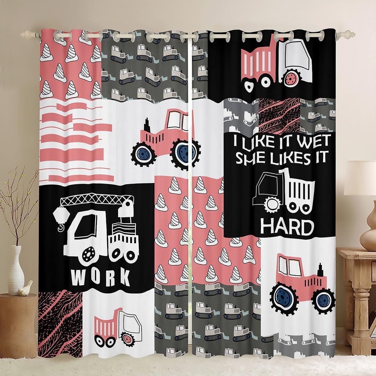 Feelyou Cartoon Car Darkening Drapes Excavator Blackout Curtain Boys Pink Tractor Window Curtains Construction Vehicles Window Treatment Harvester Tractor Window Curtain, 2 Panels 42 x 84 Inch