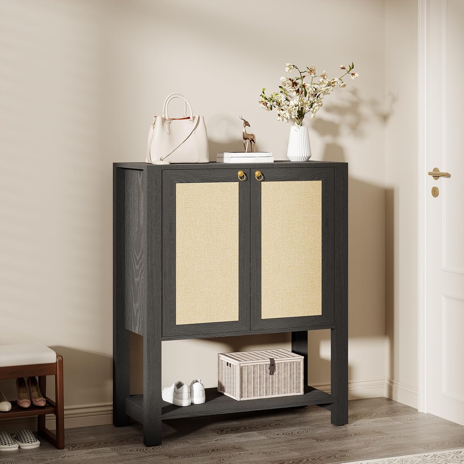 Rattan Shoe Storage Cabinet with 2 Doors - 40 Inch Farmhouse Freestanding Shoe Rack Organizer, Adjustable Shelves, Open Bottom Shelf for Entryway, Hallway, Living Room, Gray Oak
