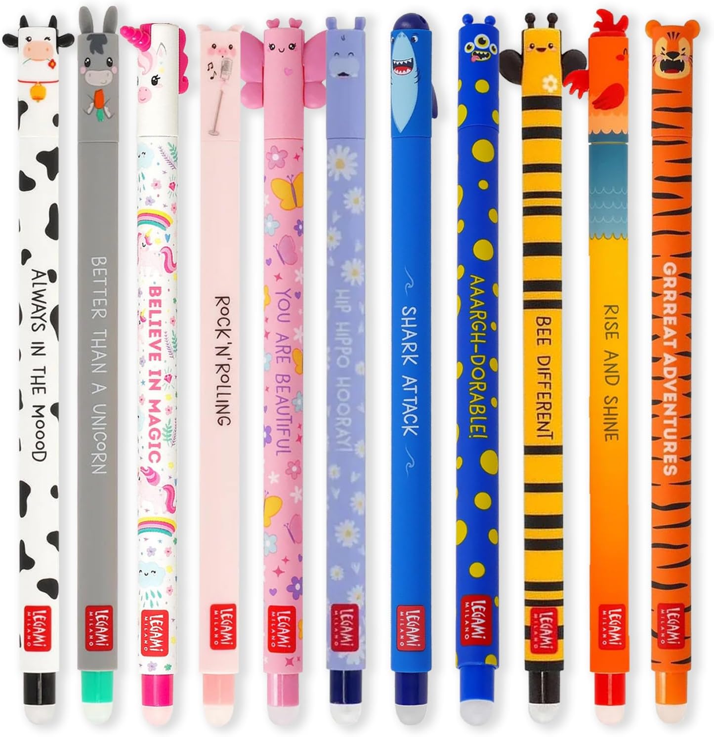 LEGAMI - Set of 11 Gel Erasable Pens With 0.7 mm Tip, Assorted Ink Colours and Animal Designs - Farm Yard, Tiger, Butterfly, Shark etc