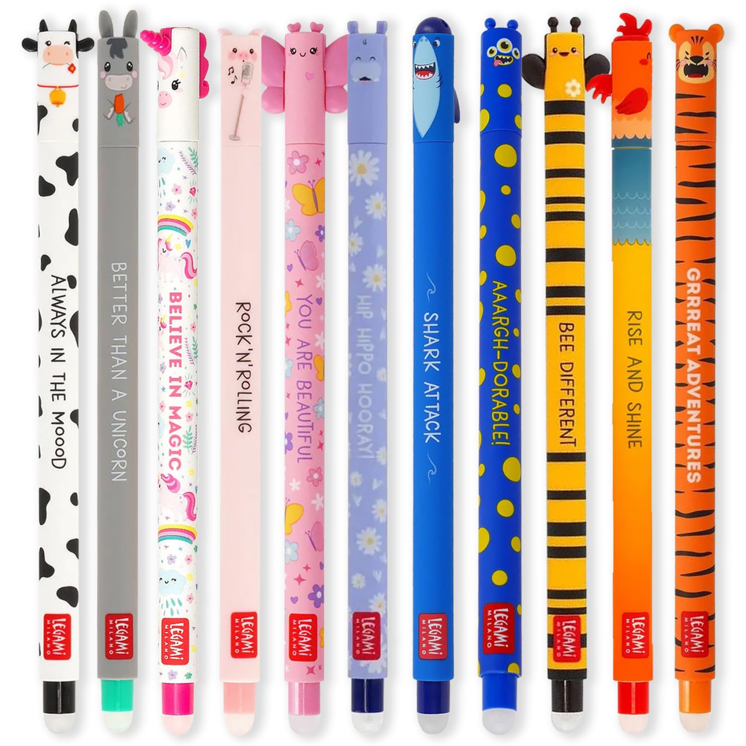 LEGAMI - Set of 11 Gel Erasable Pens With 0.7 mm Tip, Assorted Ink Colours and Animal Designs - Farm Yard, Tiger, Butterfly, Shark etc