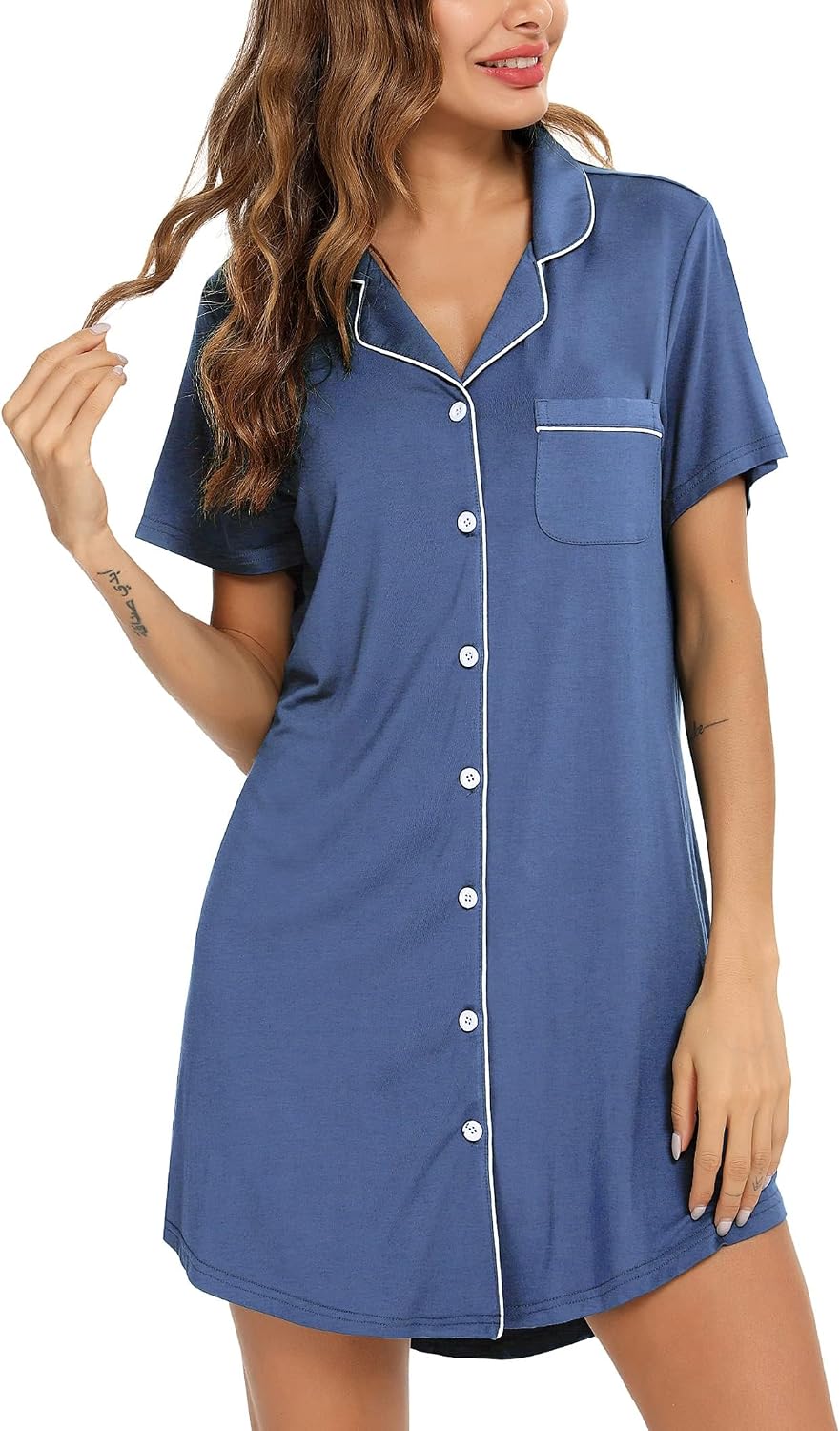Samring Womens Nightshirt V Neck Boyfriend Sleepwear Shirts Loose Sleeve Button Sleep Tee Blue XL