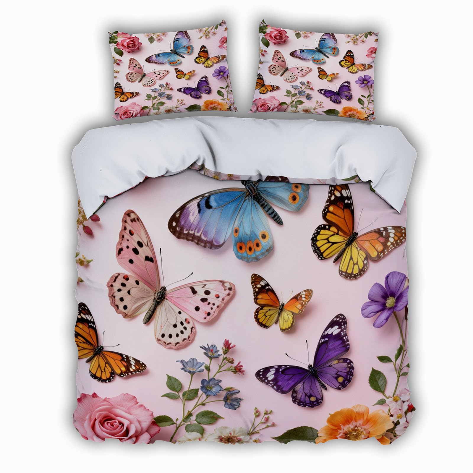 Housse de Couette 240x260 Papillon 3D avec 2 taies d'oreiller pour lit 2 personnes