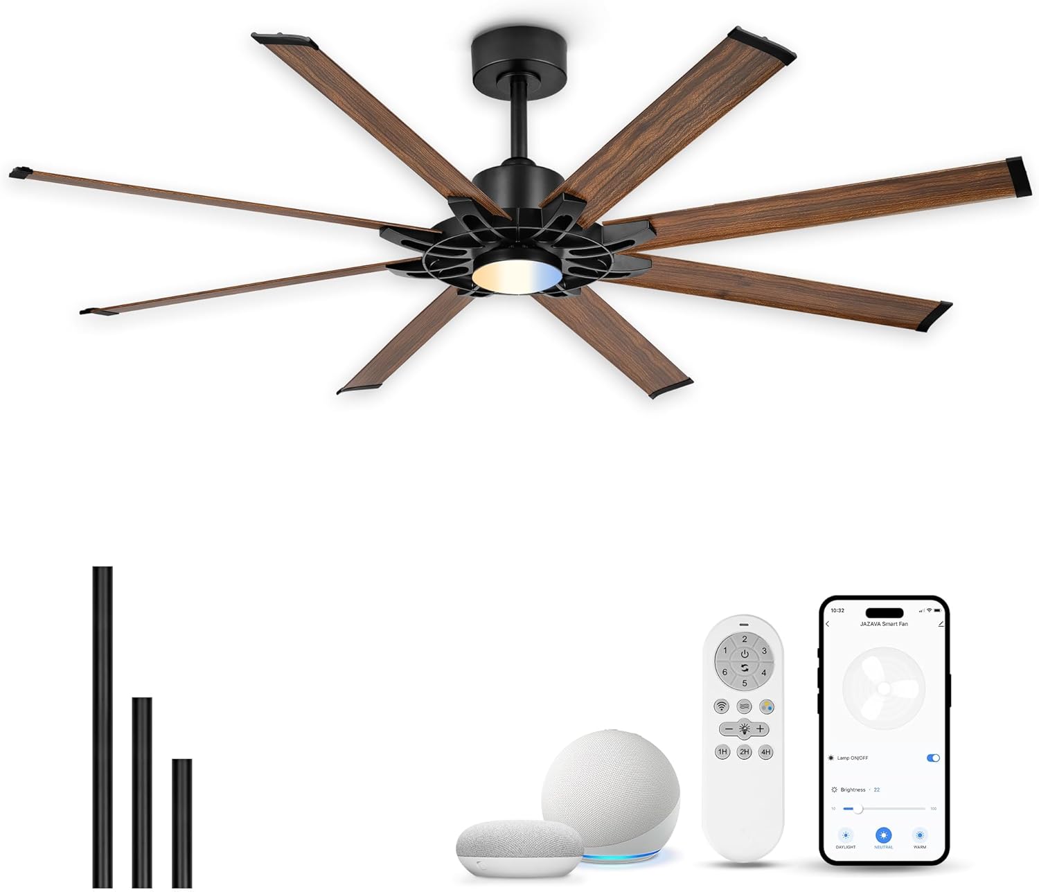 72 Inch Ceiling Fan with Light, Industrial Ceiling Fan with 8 Aluminium Metal Blades, Smart Fan Compatible with Alexa, Garage Indoor Fan For Living Room and Patio, ZCCF05AWD-72