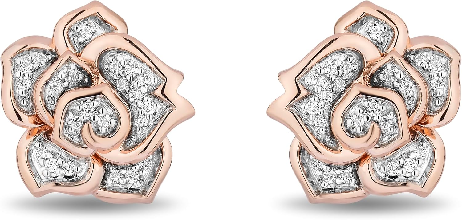 Jewelili Enchanted Disney Fine Jewelry 14K Rose Gold over Sterling Silver with 1/10 Cttw Diamond Belle Rose Earrings