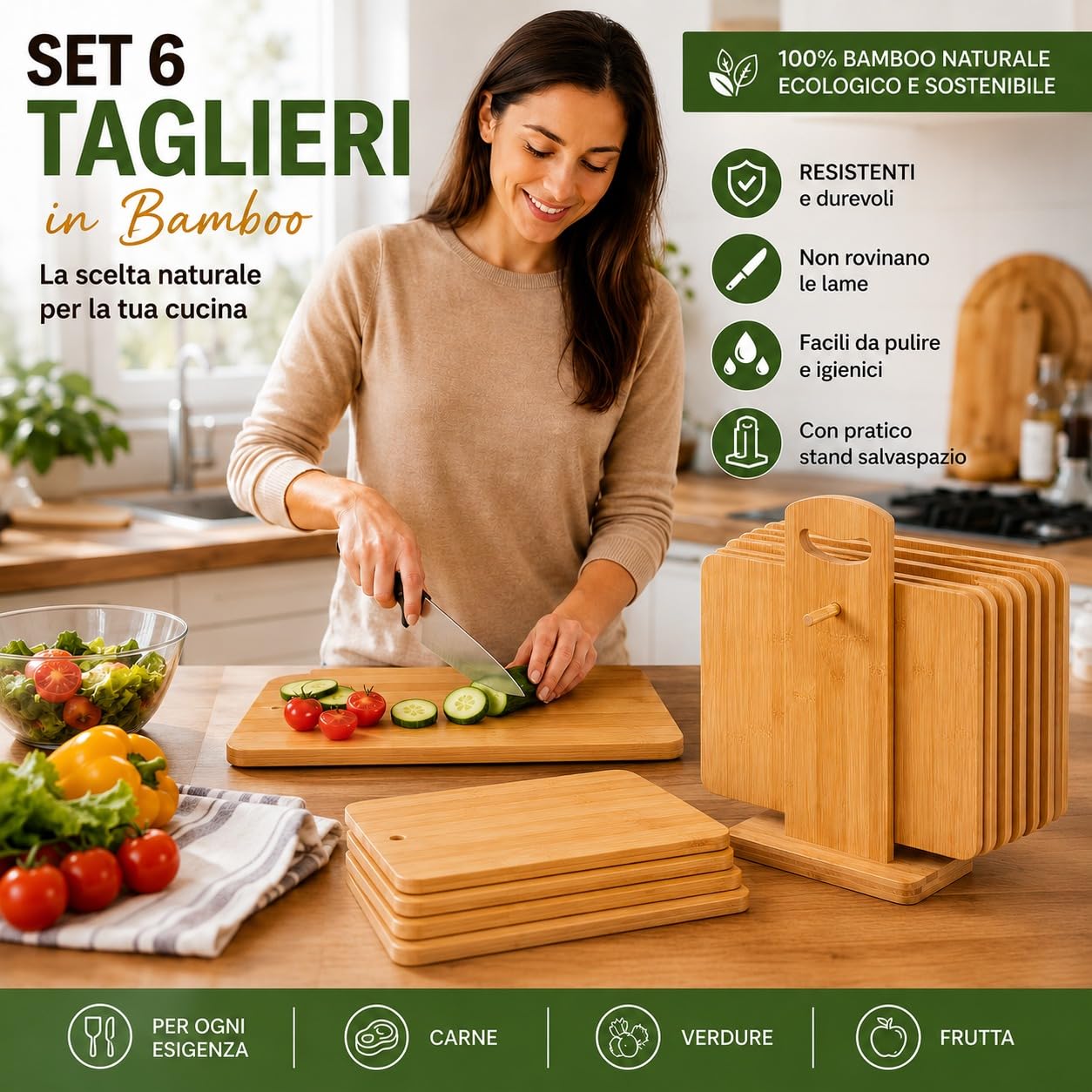 Set taglieri per colazione 6 pezzi in bambu con portatagliere | Piccoli taglieri in legno per colazione,antibatterico facile da pulire