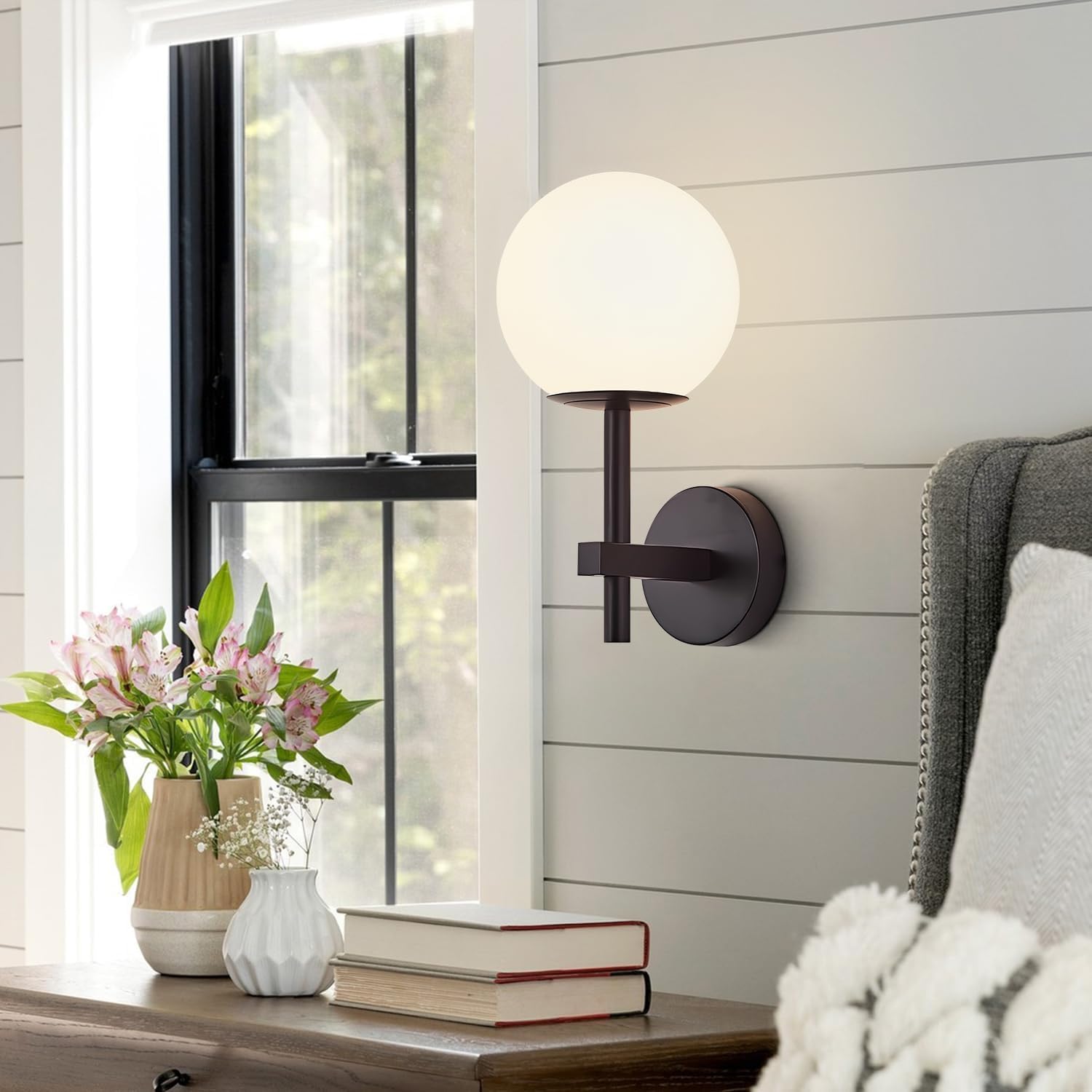 Modern Globe Wall Sconce Vintage Milky White Glass Wall Lighting Black Bathroom Vanity Light Fixture for Bathroom Bedroom Living Room