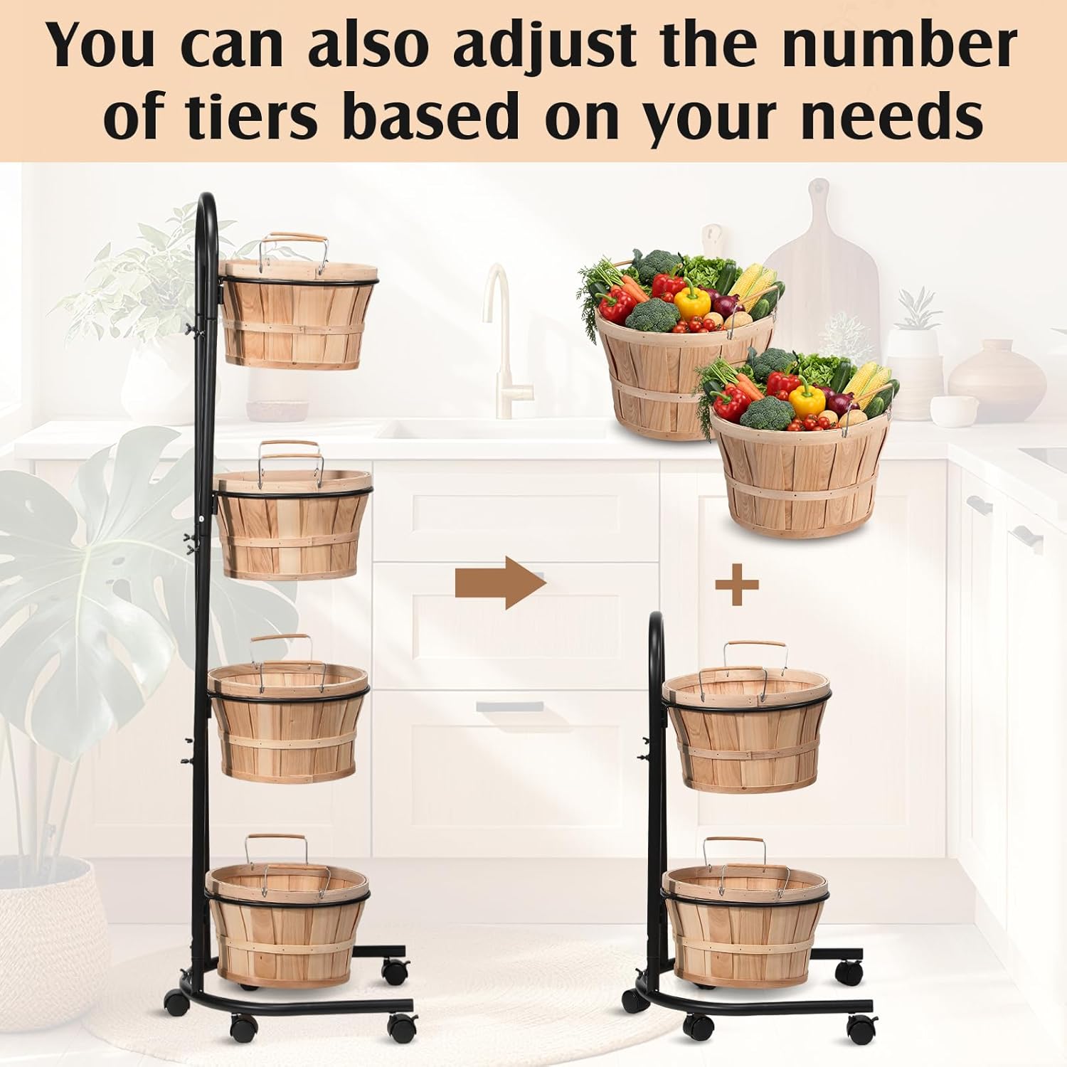FoldTier Retail Display Stand with Wheels, Round Wooden Baskets with Handles, Handcrafted Vintage Style Storage Rack for Market Display, Bread, Snacks, Wood Fruit Baskets Stand (57.5" H)