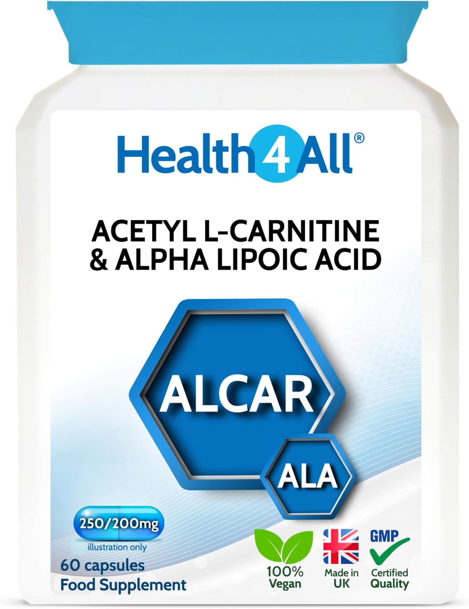Acetyl L-Carnitine 250mg & Alpha Lipoic Acid 200mg 60 Capsules, Vegan ALCAR & ALA Supplement for Brain Function, Focus, Memory, Cognitive Performance & Mitochondrial Energy - Made in UK by Health4All