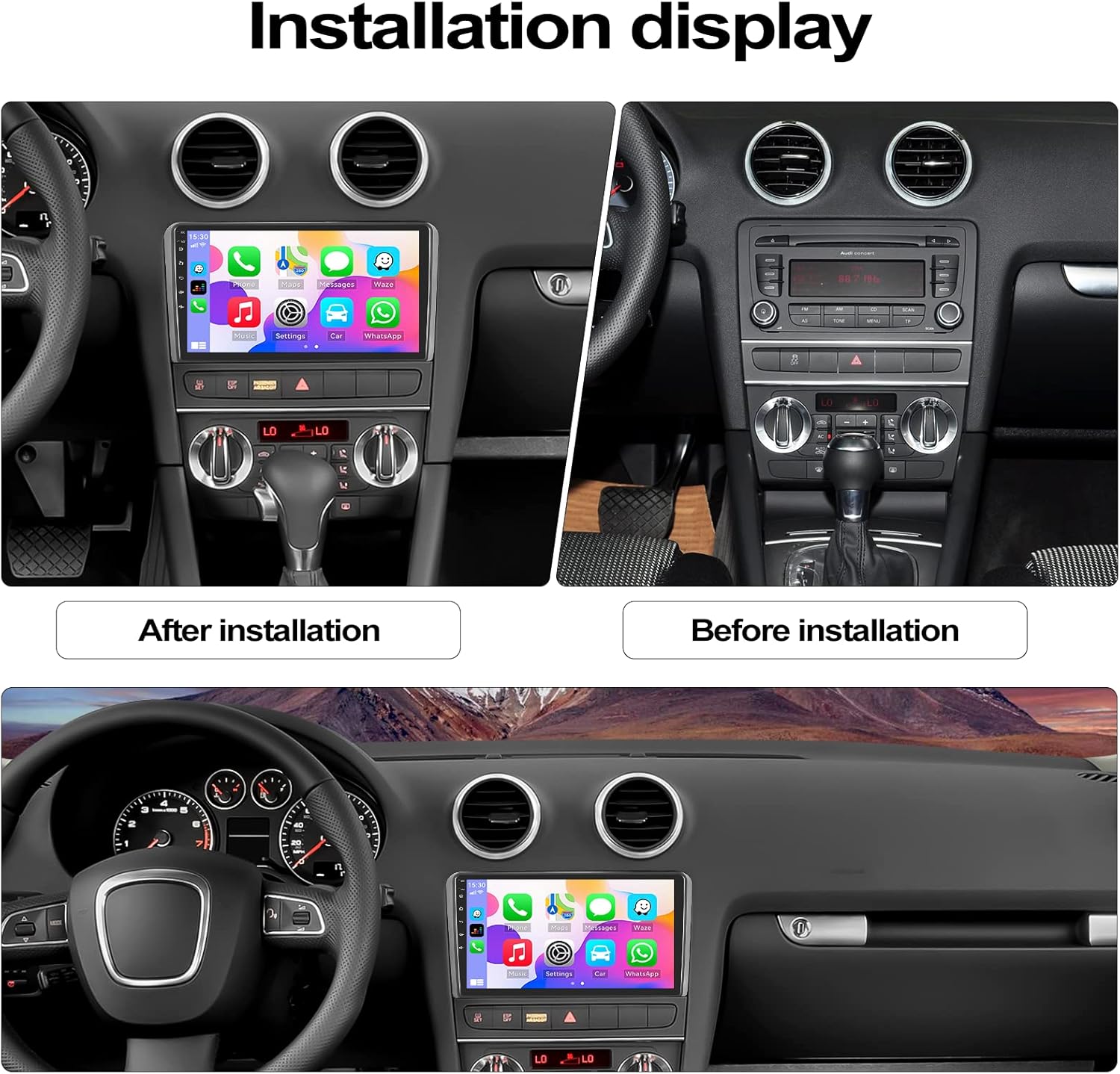 Before and after installation comparison of the car stereo in an Audi A3 dashboard.