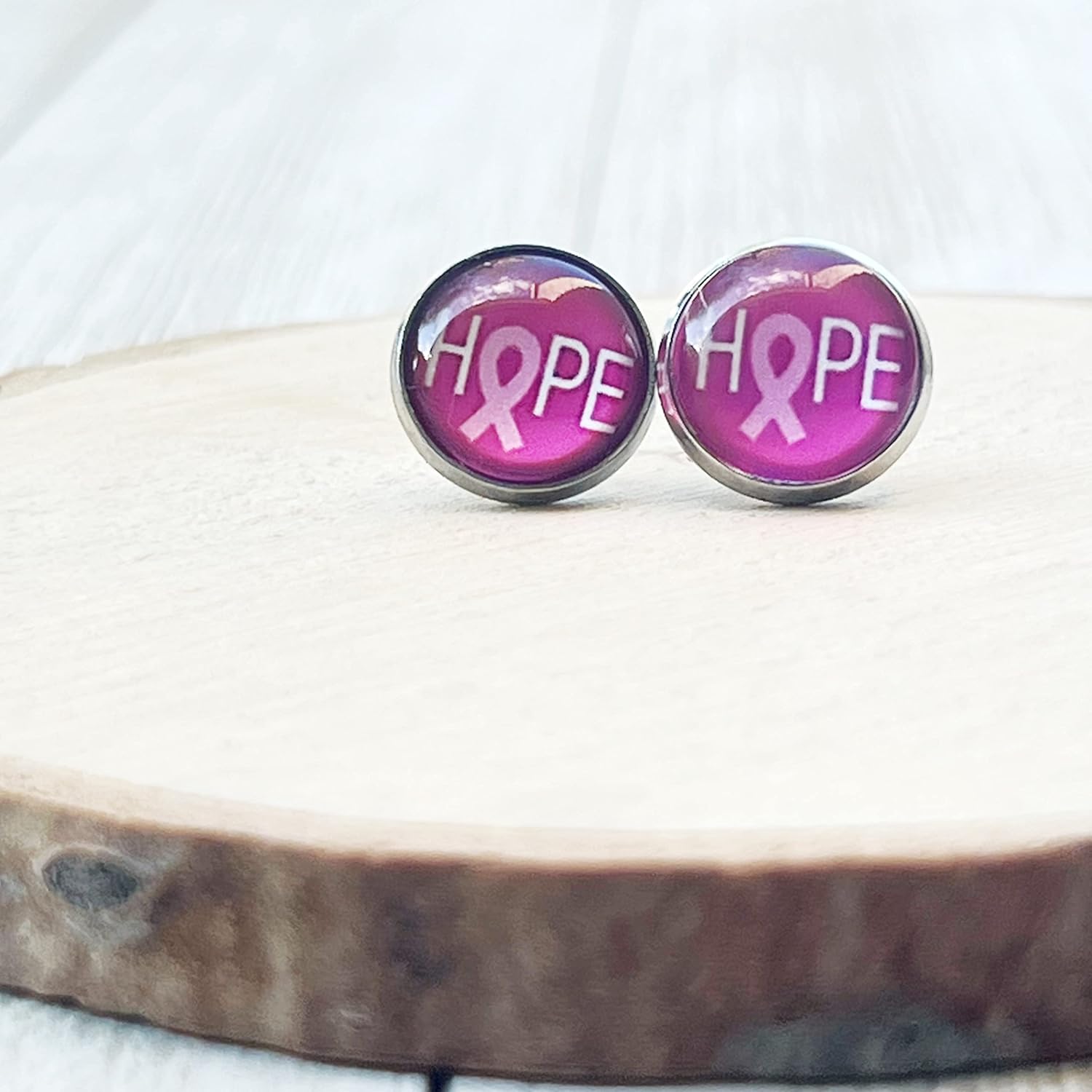 Breast Cancer Awareness Stainless Steel Large 12mm Stud Earrings, Cute Hope Stud Earring for Women, Fun Unique Colorful Unisex Earring Stud
