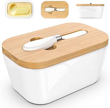 Butter Dishes Ceramic, A Large Porcelain Butter Keeper with Bamboo Lid and Steel Knife Butter Dish with Wooden Top Cover