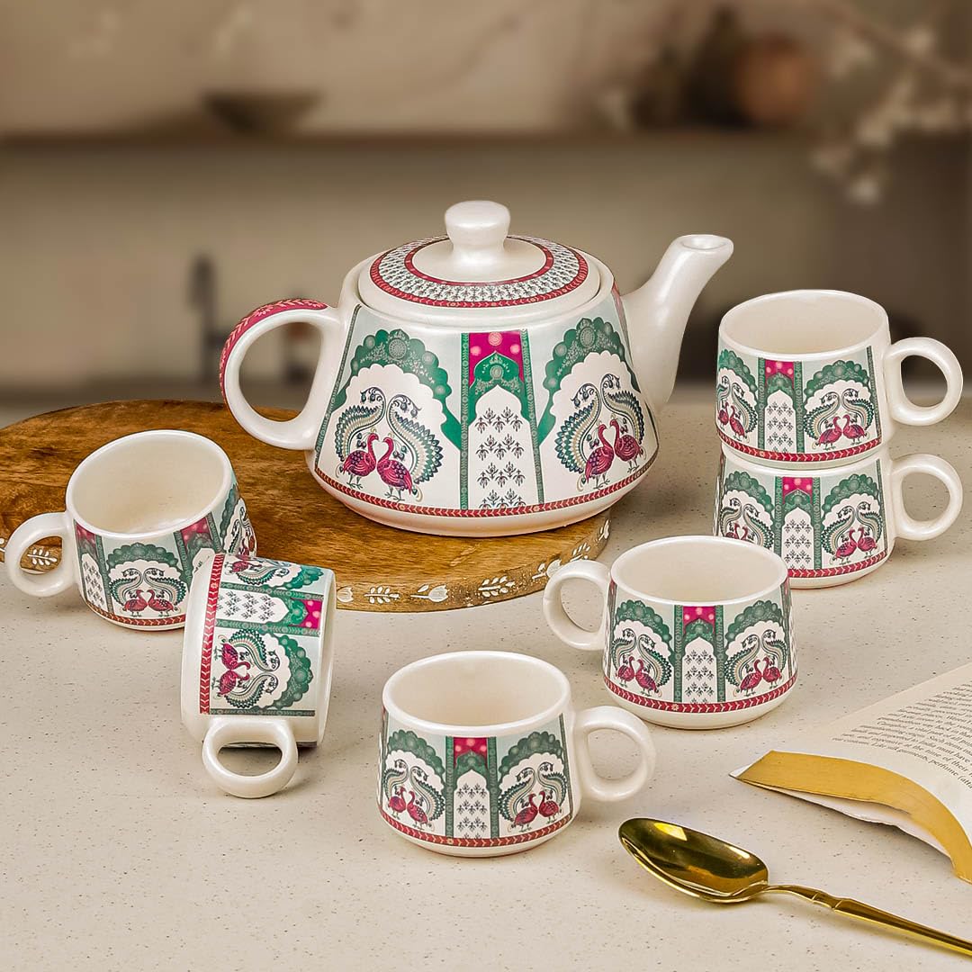 Peagal Ceramic Tea Set - Kettle & 6 Cups -1 Peagal Ceramic Tea Set - Kettle & 6 Cups -1