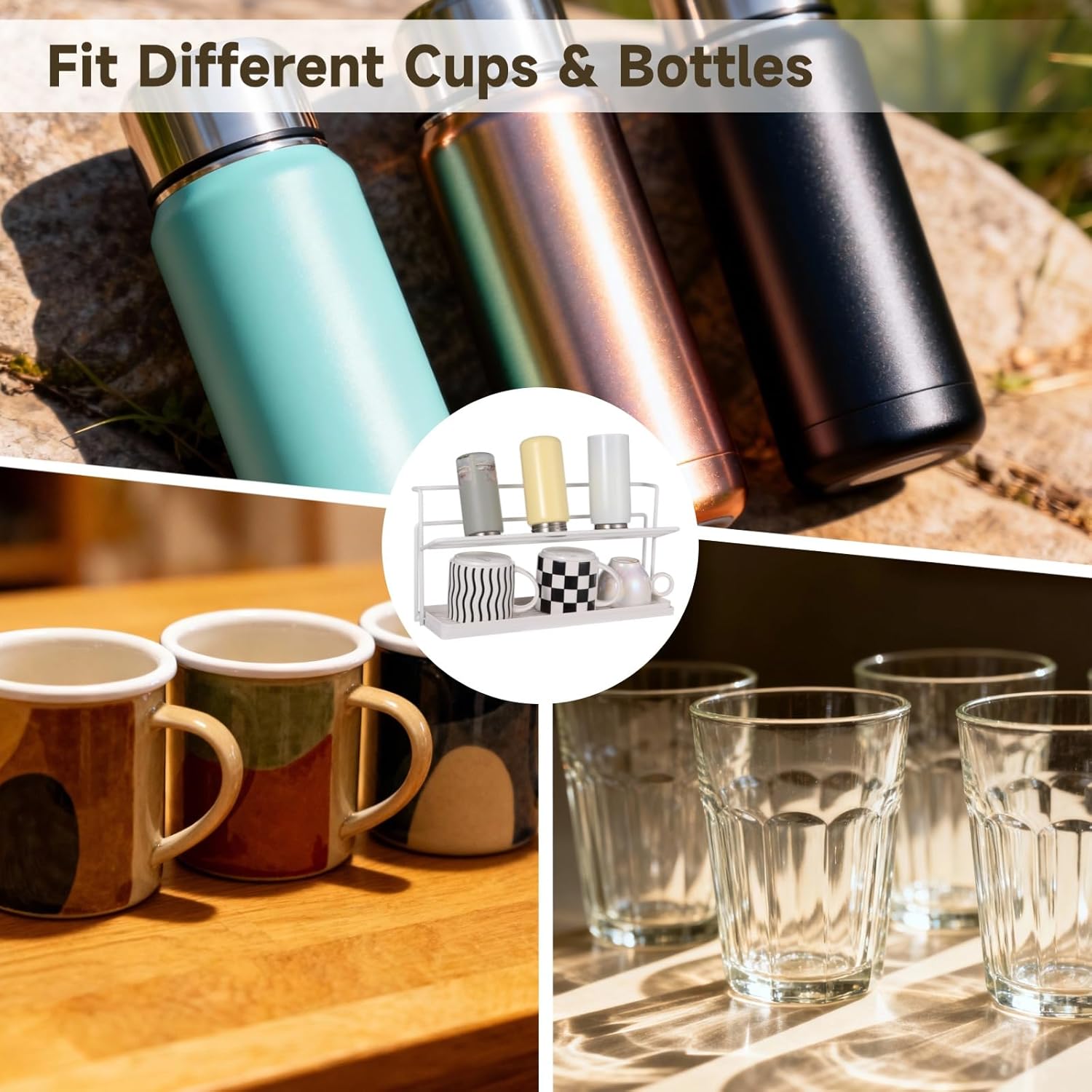 Bottle Drying Rack for Kitchen Countertop, 2-Tier Vertical Water Bottle Drying Rack with Drain Tray, Space Saving Metal Ventilated Stand for Kitchen Sink, Counter