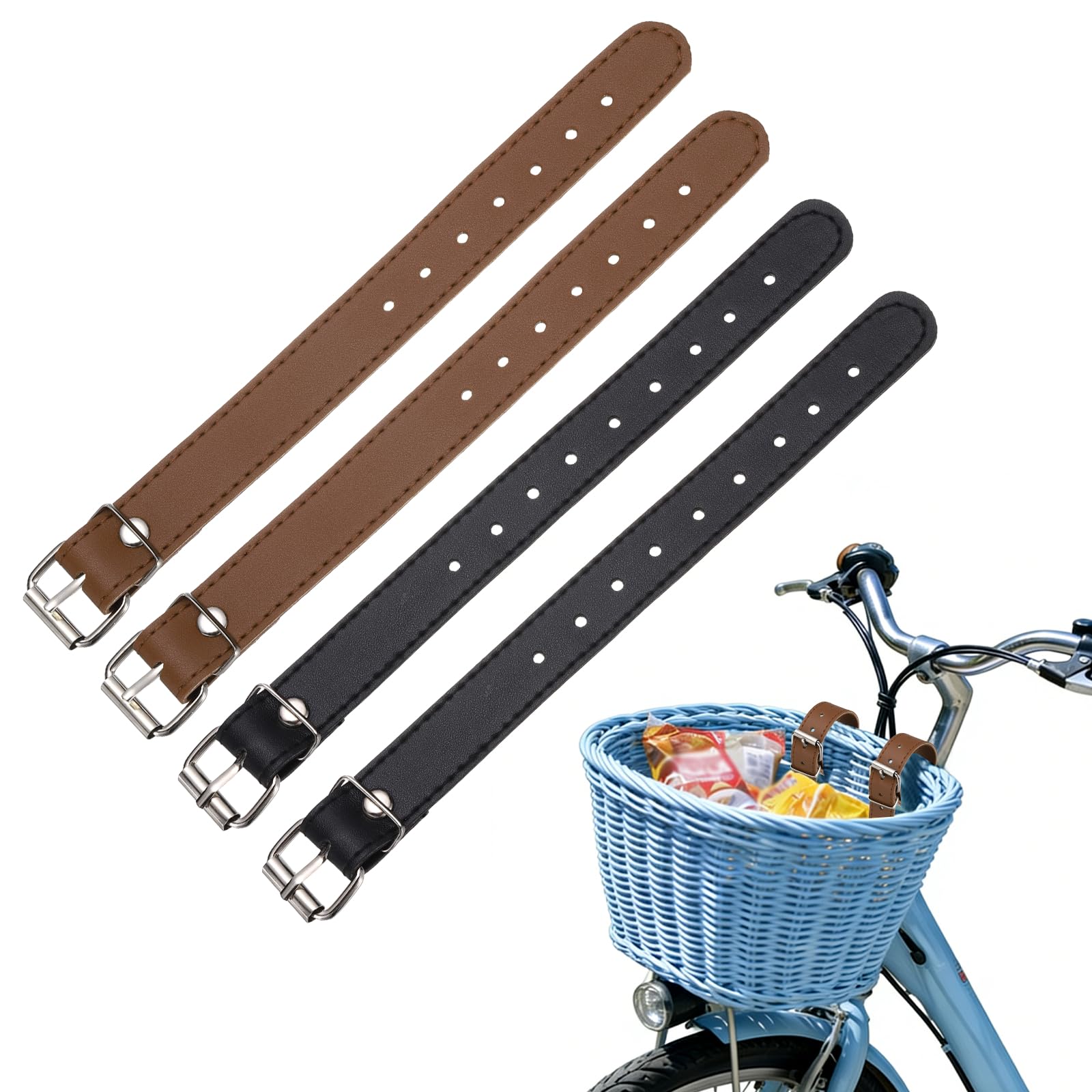 YELARXI Bicycle Basket Strap, Adjustable Bike Front Baskets Leather Straps Detachable Securing Straps 4 Pcs & Black/Brown-Fitting for (Most Bikes/Tricycle/Scooters)