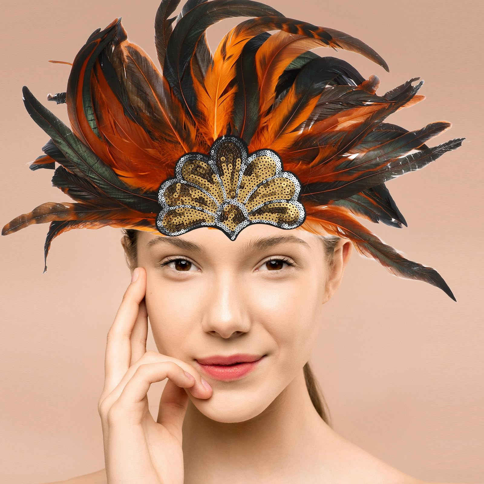 Diadema de Plumas Naranja para Mujer Brillante, Cómoda y Fácil de Usar, Adecuada para Fiestas y Eventos al Aire Libre