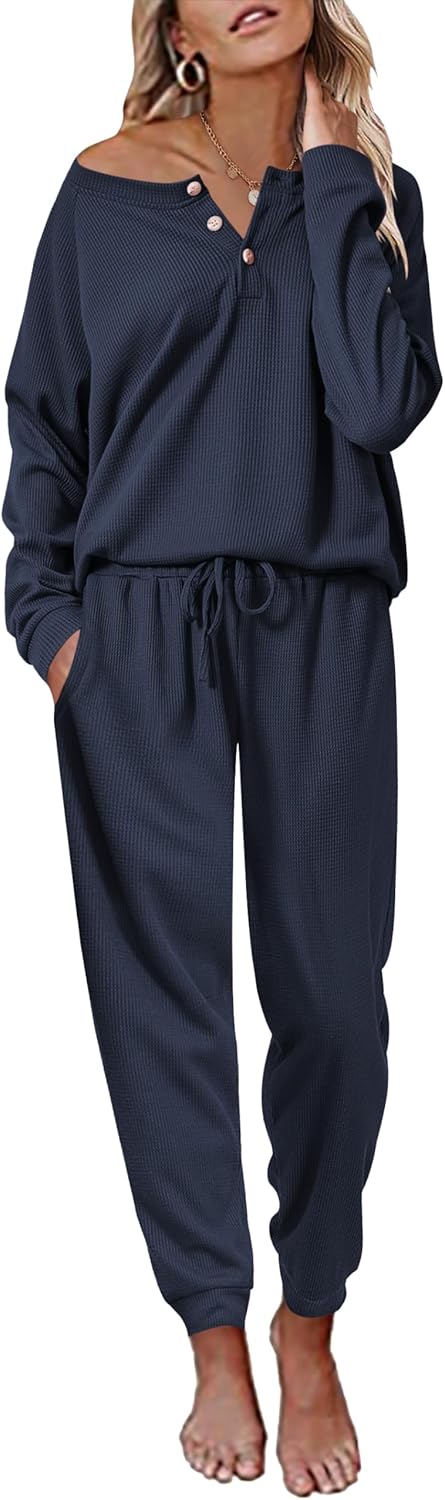 Ekouaer Pajamas Women's Waffle Knit Sleepwear Long Sleeve Top with Pants Casual Pjs Loungewear Set S-XXL