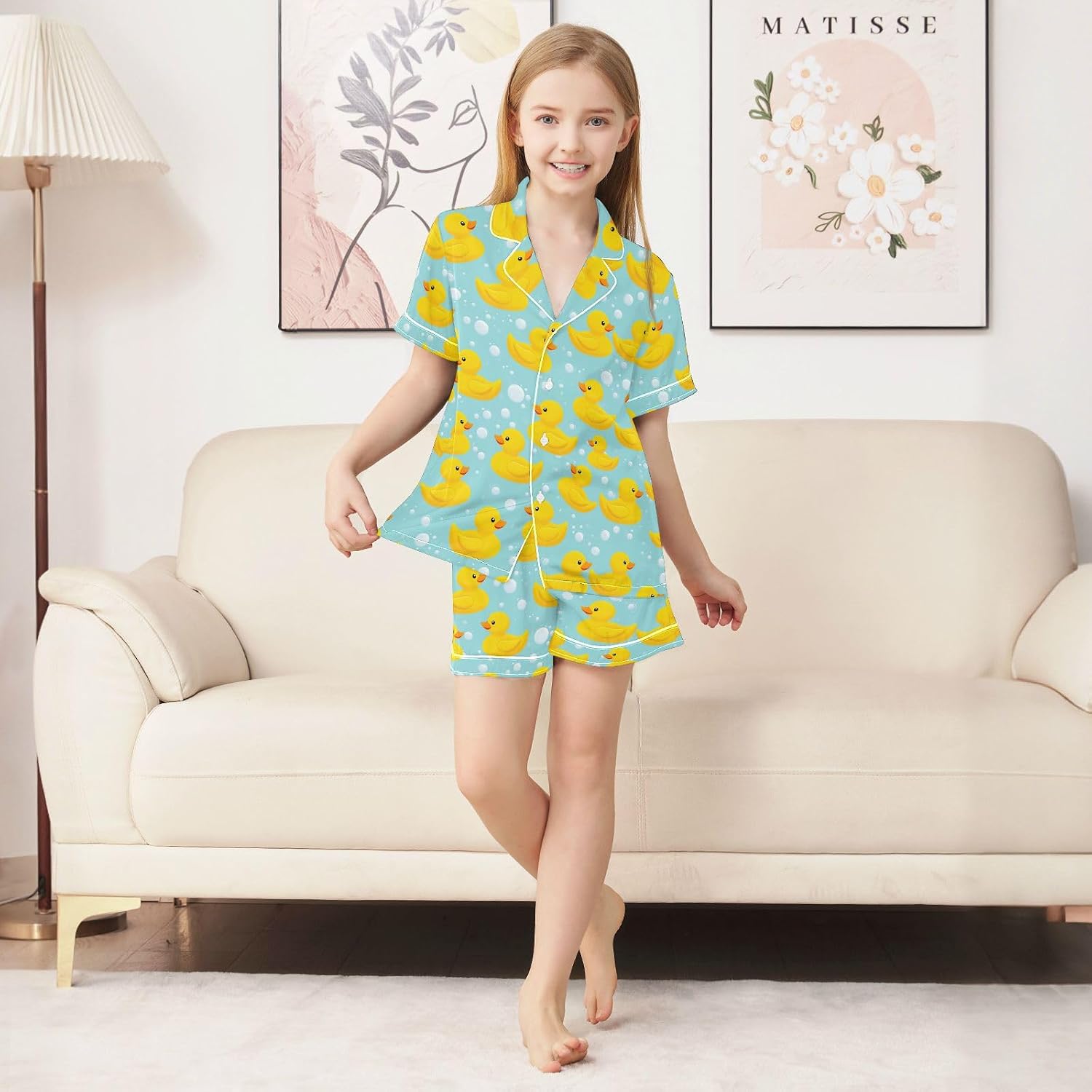 Pfrewn Silk Satin Pajamas Set Button Down Sleepwear Loungewear 5-14Y
