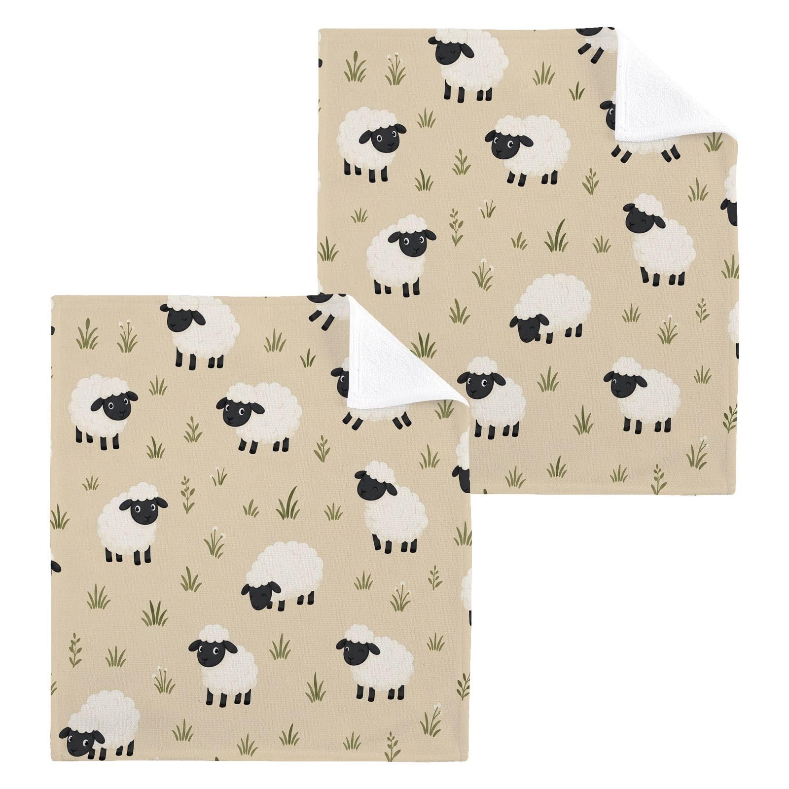 BOESI Meadow Sheep 12x12in Cotton Washcloth,Soft Absorbent Face Towel