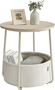 VASAGLE Mesa Auxiliar, Mesa Lateral Redonda con Cesta de Tela, Espaciosa, para Salón, Dormitorio, Mesita de Noche, Estilo Moderno, Beige Natural y Blanco Crema LET223K67