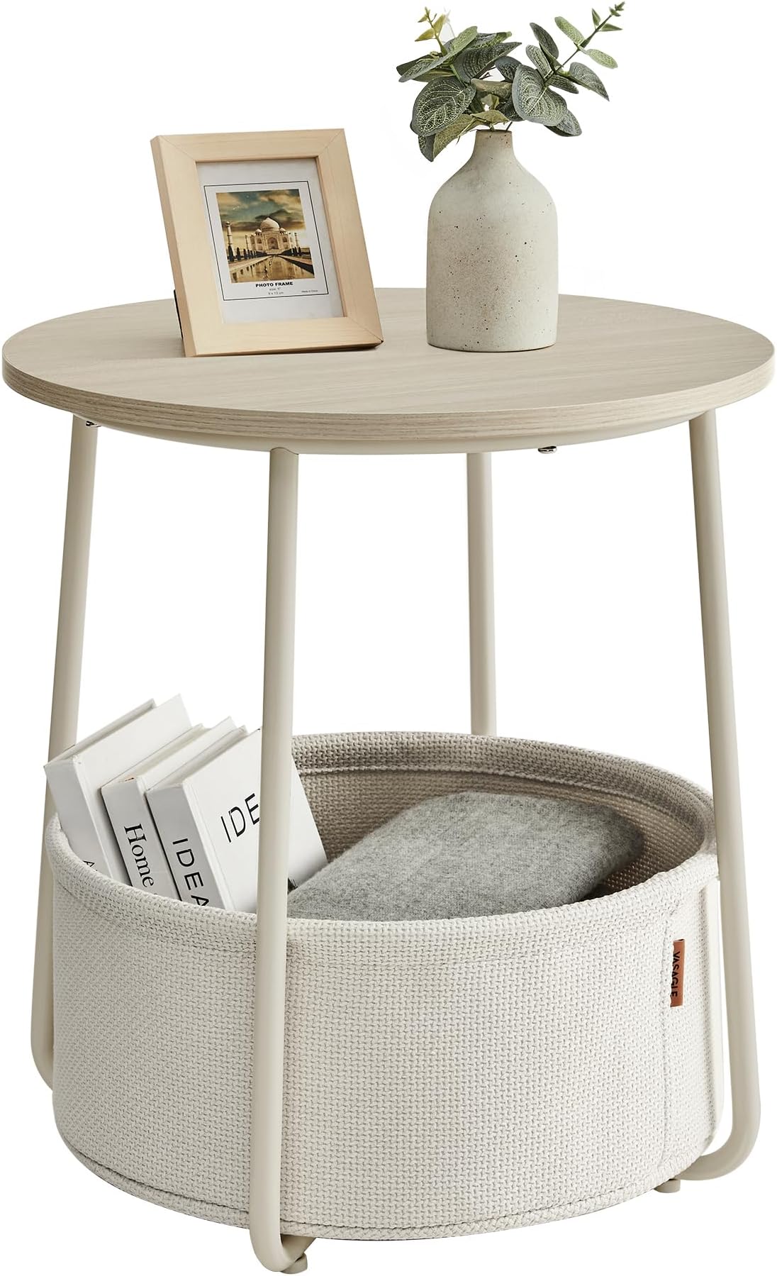 VASAGLE Small Round Side End, Modern Nightstand with Fabric Basket, Bedside Table for Living Room Bedroom, Cream White