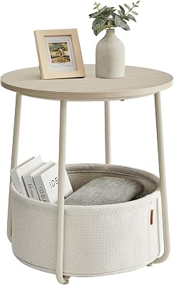 VASAGLE Mesa Auxiliar, Mesa Lateral Redonda con Cesta de Tela, Espaciosa, para Salón, Dormitorio, Mesita de Noche, Estilo Moderno, Beige Natural y Blanco Crema LET223K67