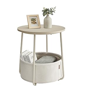 VASAGLE Mesa Auxiliar, Mesa Lateral Redonda con Cesta de Tela, Espaciosa, para Salón, Dormitorio, Mesita de Noche, Estilo Moderno, Beige Natural y Blanco Crema LET223K67