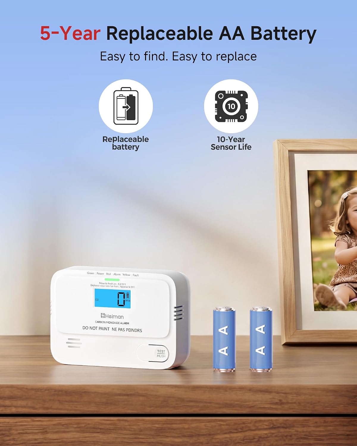 Heiman Carbon Monoxide Detectors, Digital Display Low-Level CO Alarm 3 Pack | UL 2034 5th Certified, AA Battery Operated, Mini Small Compact for Home Indoor, Early Warning, Test Silence Button, 85db
