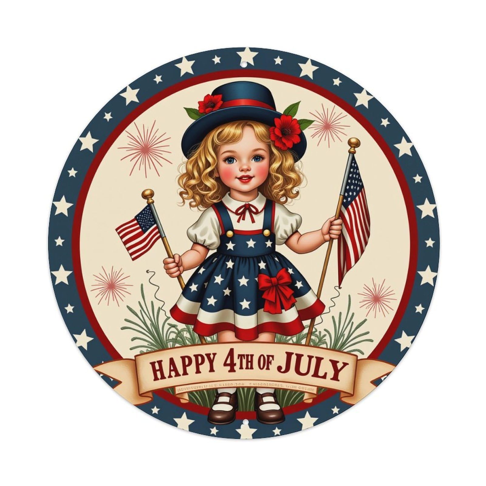 American Flag Stars Fireworks Girl Round Tin Sign Vintage Metal Poster, Home Bar Garage Man Cave Cafe Indoor & Outdoor Wall Decoration 8x8Inches
