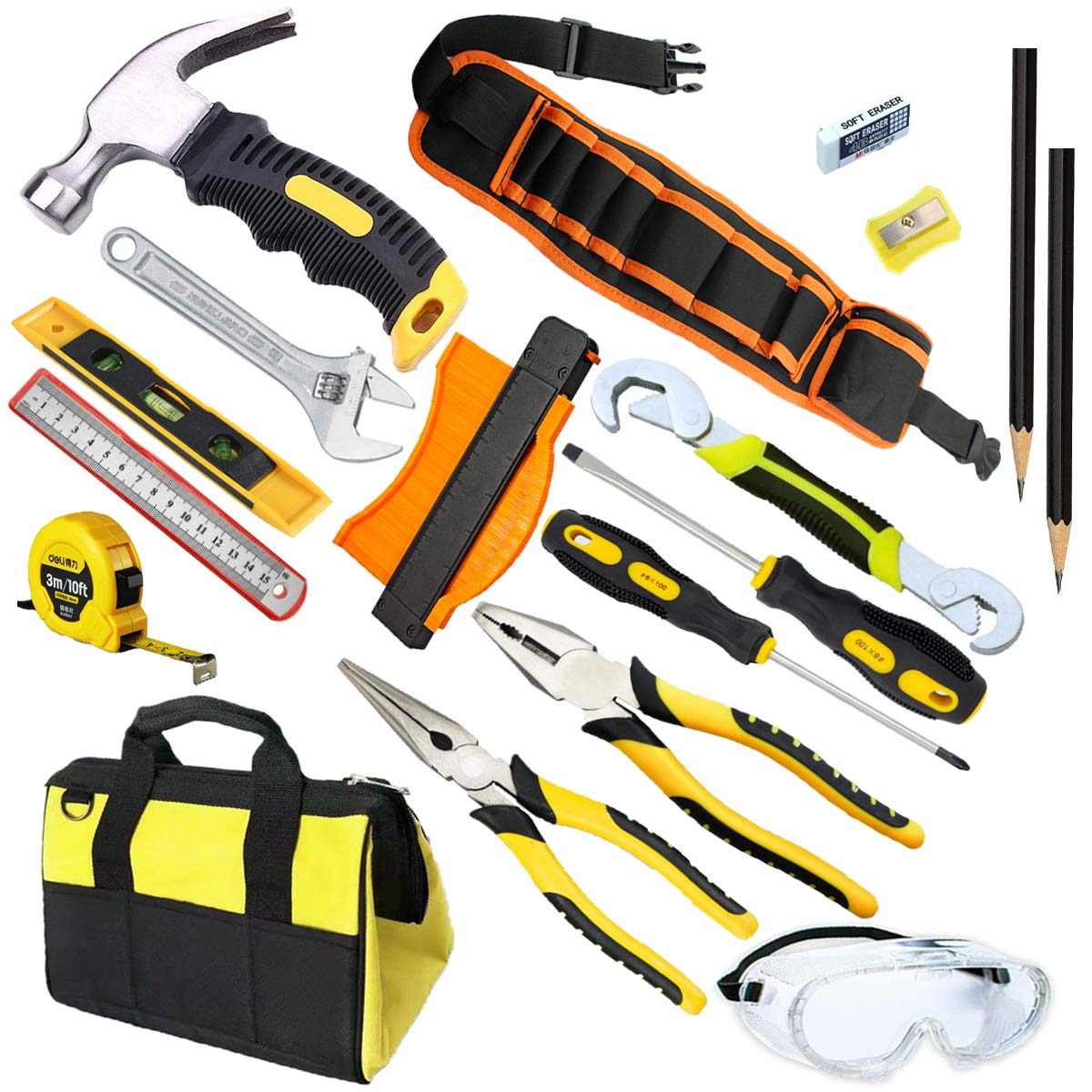 Real Kids Tool Set -Kids Tool kit for Starter with Hammer,Tool Belt,Safety Goggles, Pliers, Wrench,Screwdrivers & Bag,Children's DIY Play Tools for Boys /Girls /Beginner Learning Gift