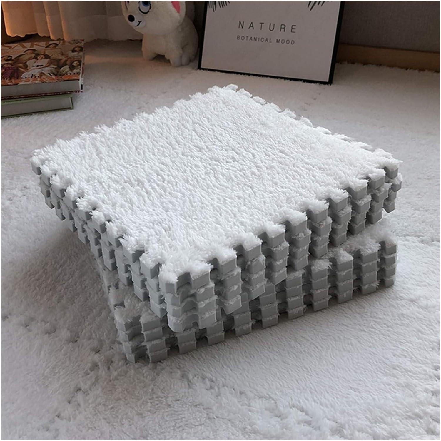 12pcs Interlocking Plush Foam Mats, Soft EVA Sensory Rug, Educational Puzzle Carpet for Kids, Fluffy Square Floor Mats, Fun & Safe Interlocking Play Mat (Color: White, S)