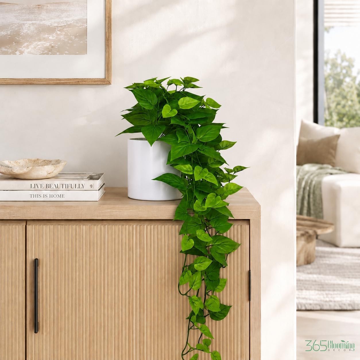 365 Blooming Decor Artificial Pothos Plant in White Pot, 33.46" Tall Faux Trailing Greenery with Real Pebbles, Easy Assembly, Lifelike Fake Ivy Vine Plant for Shelf, Bathroom, Bedroom, Office Decor