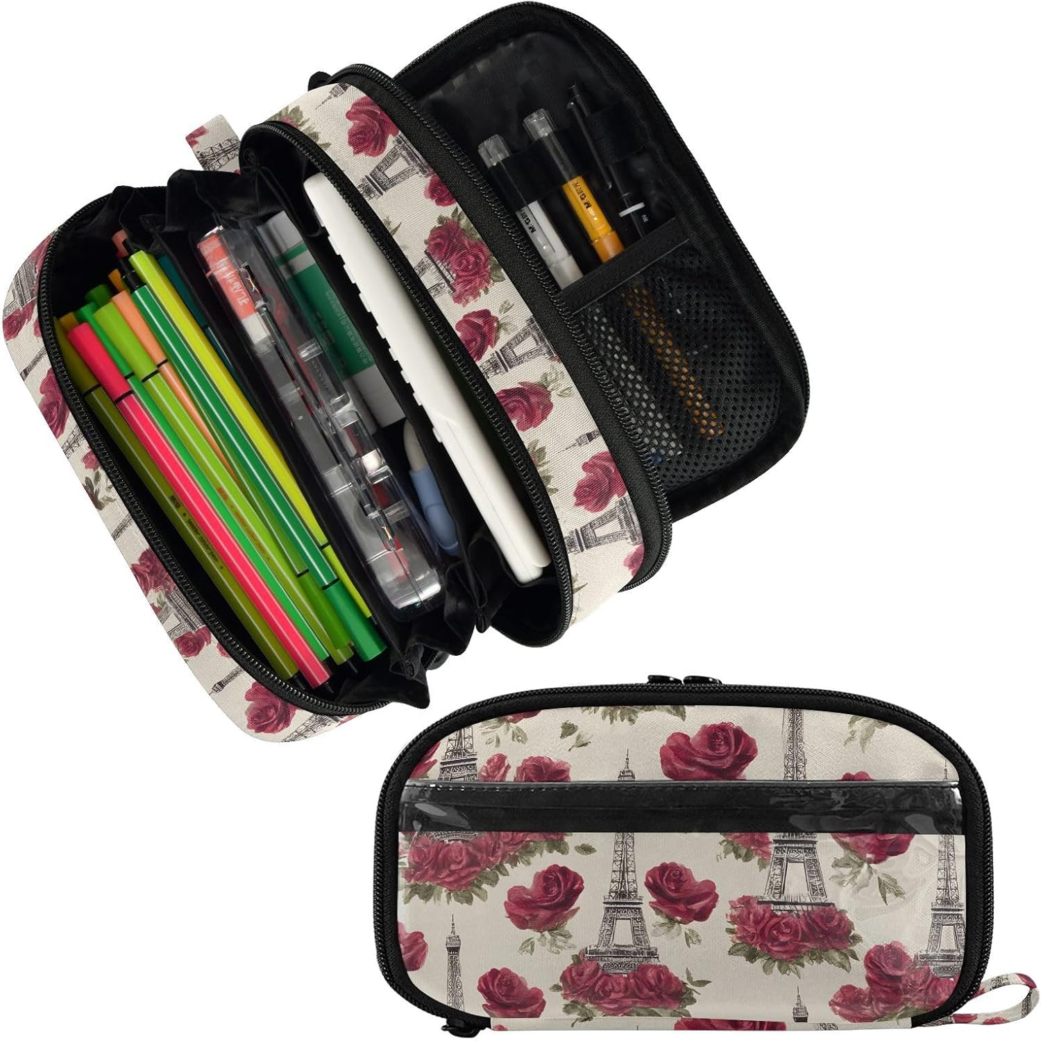 ALAZA Eiffeltier Tower Beautiful Rose Pattern Large Capacity Pencil Case, Aesthetic Stationery Organizer Bag with Clear PVC Window, High Capacity Pen Pouch with Dividers for School Office Travel image 2