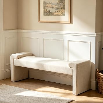 58.7" Upholstered End of Bed Bench, Entryway Bench with Curved Armrests, Modern Bedroom Bench Seat with Solid Wood Frame for Living Room, Hallway, Tan